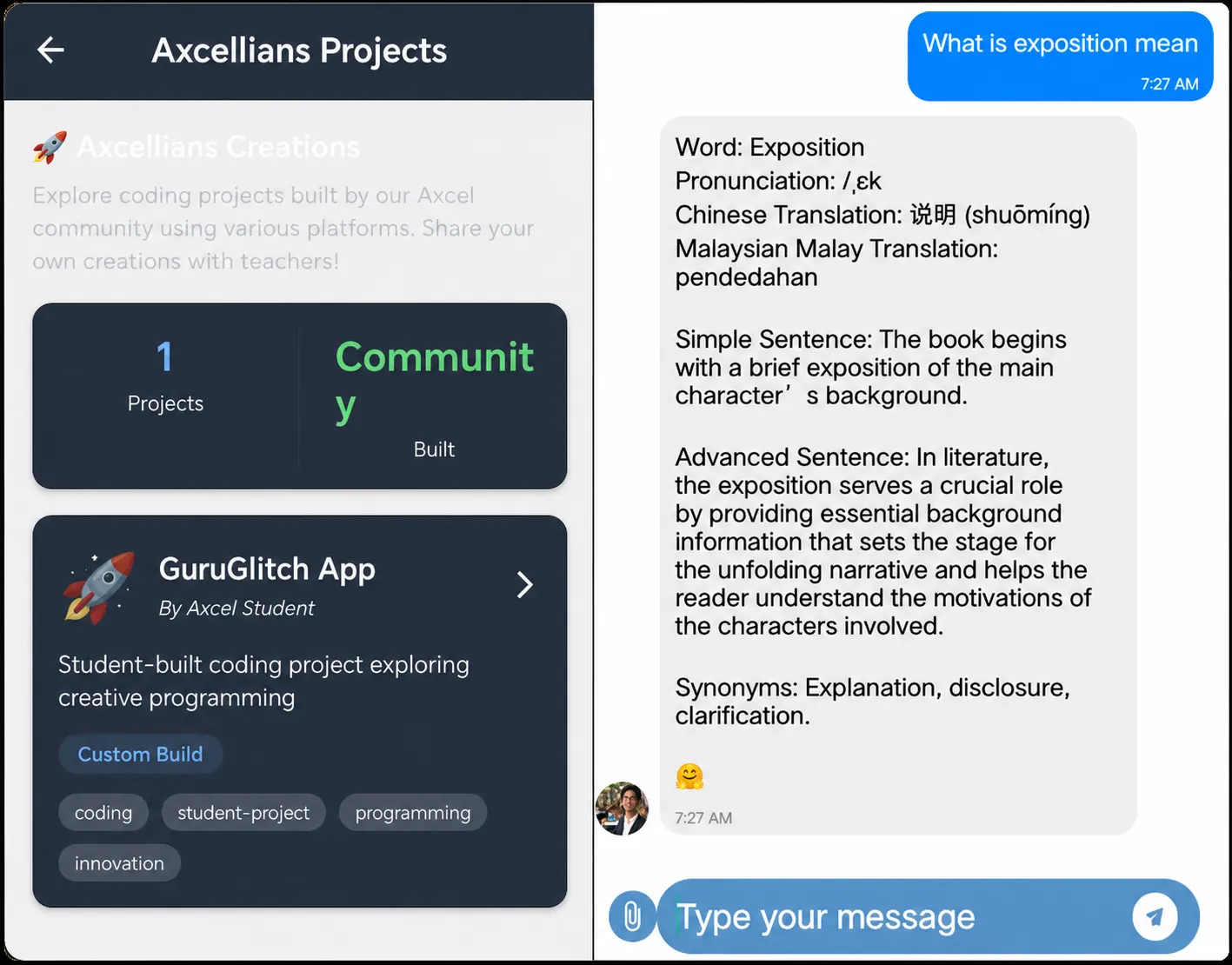 Screenshot of the Axcel AI Tutor explaining a vocabulary word