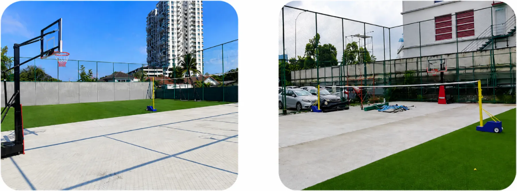 Outdoor sports court with basketball hoops