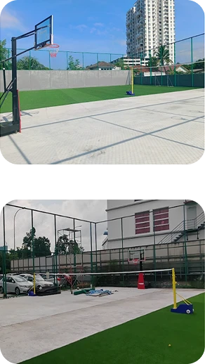 Outdoor sports court with basketball hoops