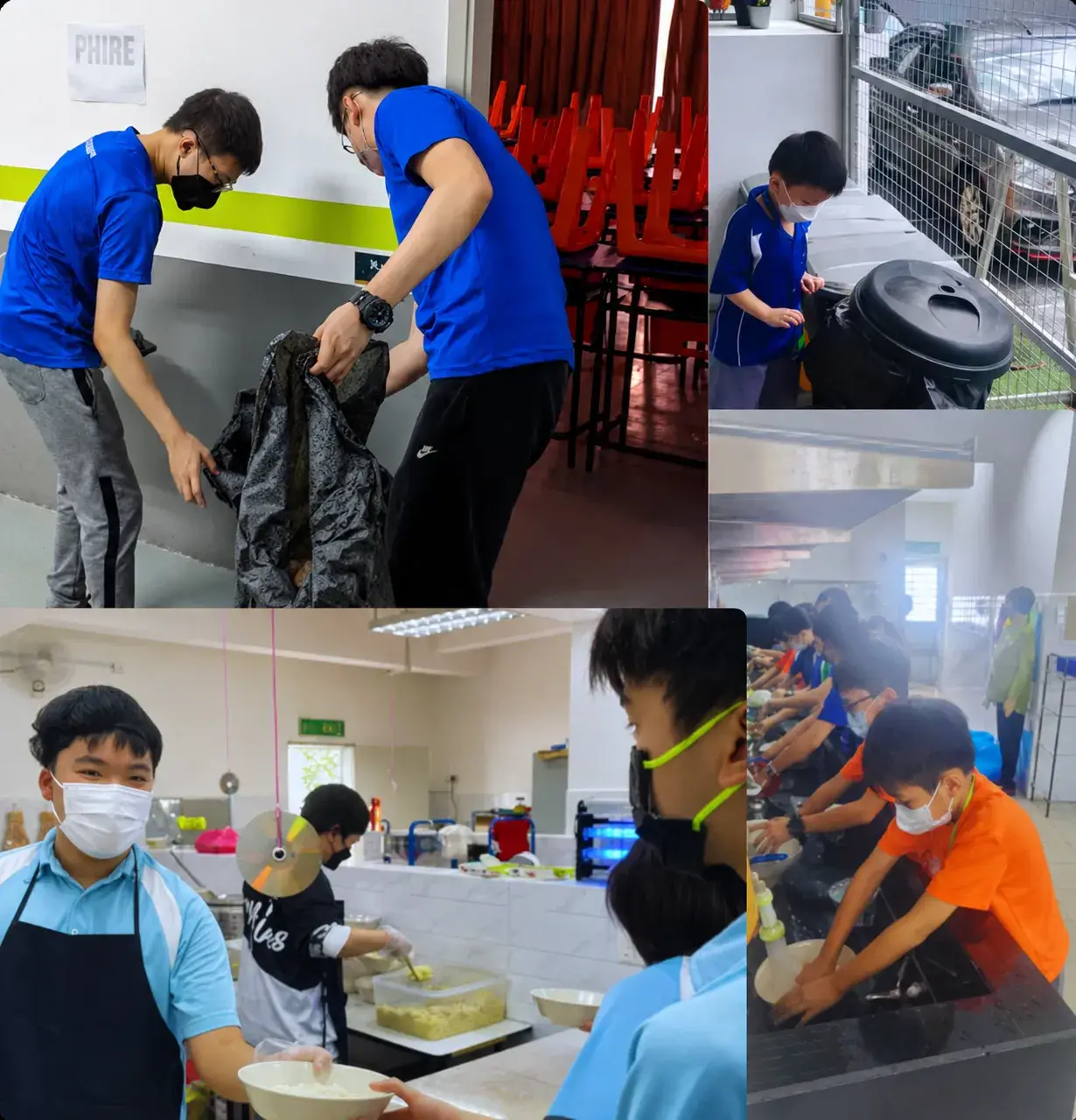 Collage of students doing classroom and cleaning duties at Axcel International School