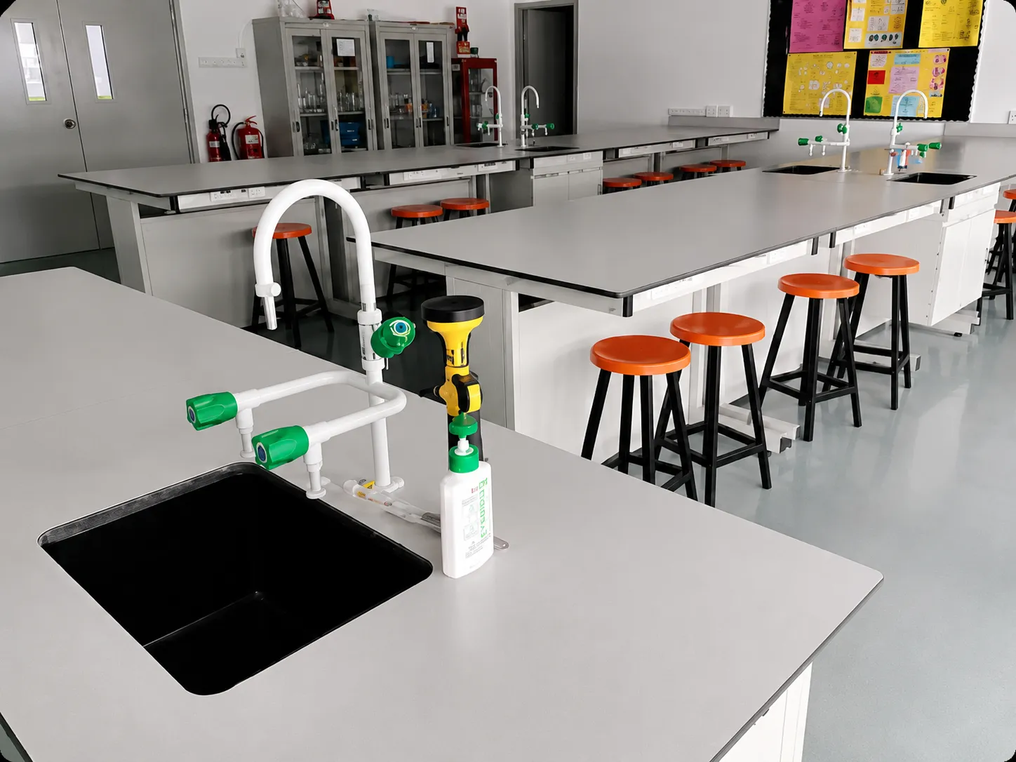 Science lab with lab benches and sinks