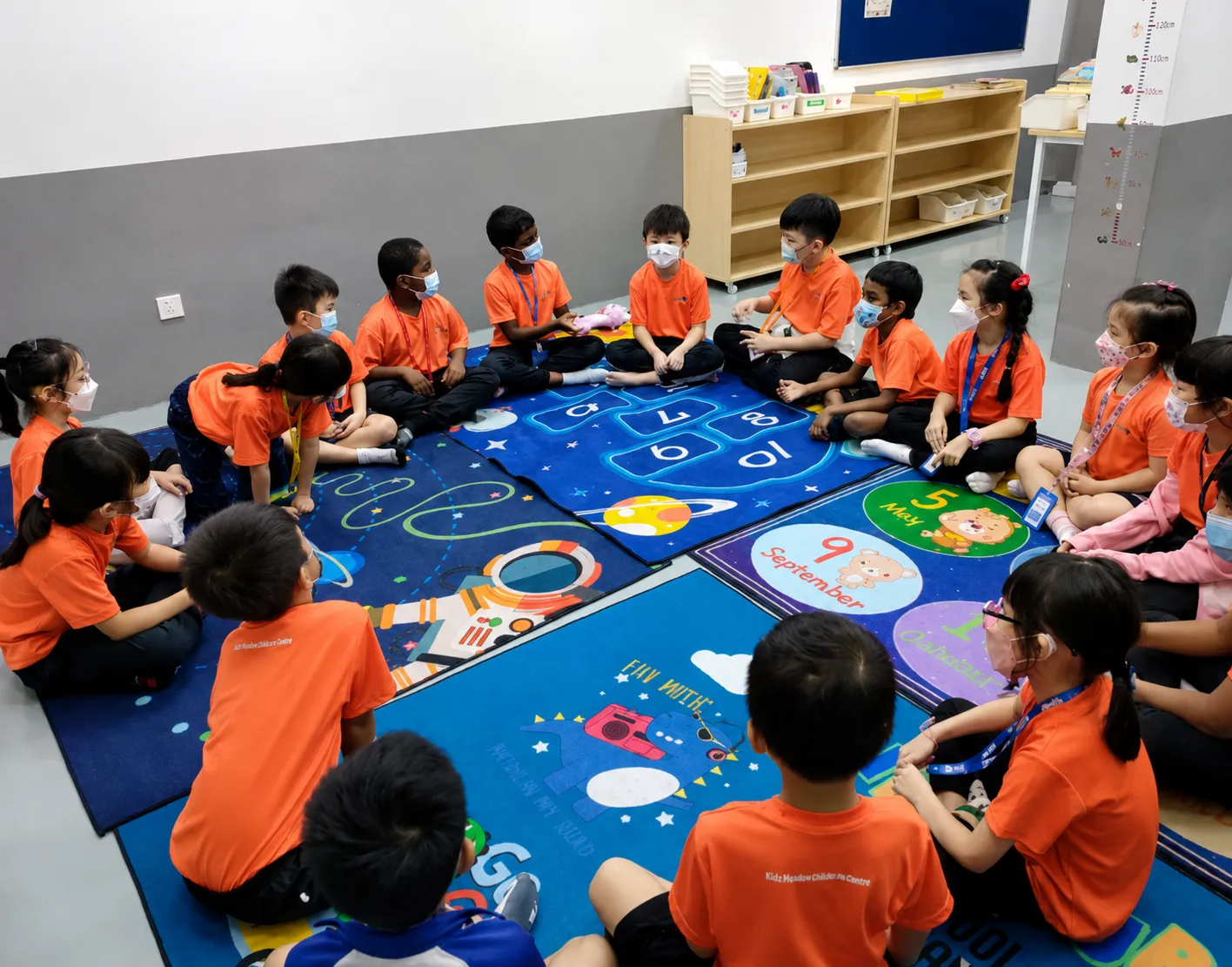 Primary students sitting in a circle on the classroom carpet