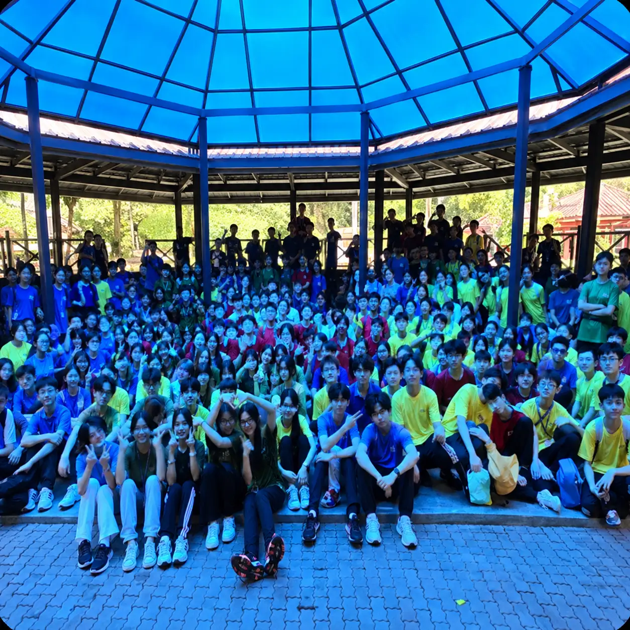 Large group of students at an outdoor team-building event